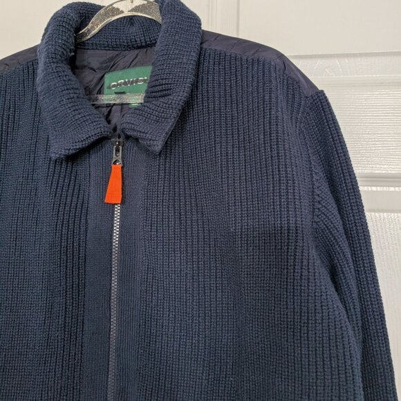 Orvis Ribbed Sweater Mens Size Large Blue Merino Wool Blend Collared Full Zip - Picture 2 of 11
